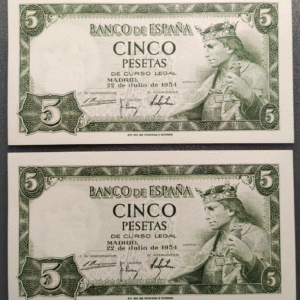 ESPAÑA 5 PESETAS 1954 ALFONSO X PAREJA CORRELATIVA 2 PIEZAS SC UNC