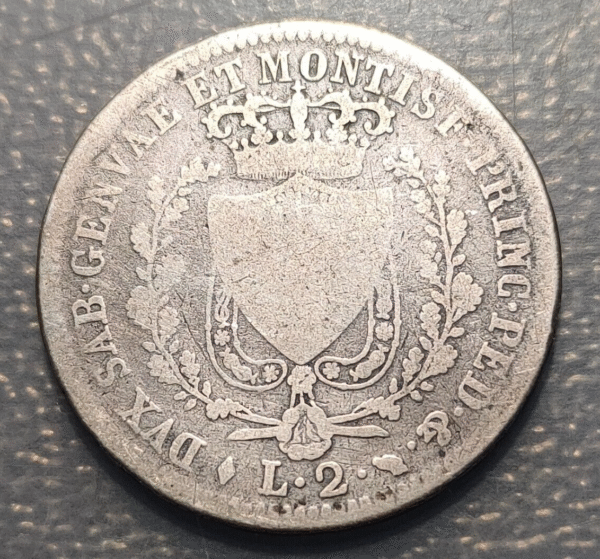 ITALIA REINO CERDEÑA SARDEGNA SAVOIA SABOYA CARLO FELICE 2 LIRE LIRAS 1825 TURIN - Imagen 2