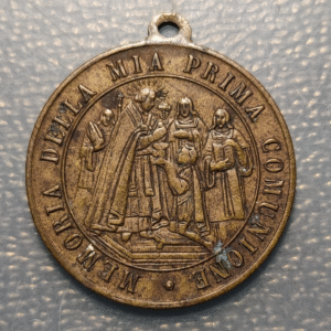 MEDALLA RELIGIOSA ITALIA MEDALLA DE PRIMERA COMUNION CALIZ BRONCE 39x26mm