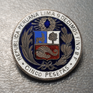 PERU LIMA 5 PESETAS 1880 ENAMELED & MOUNTED AS A BROOCH