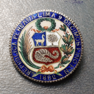 PERU LIMA 1 SOL 1882 ENAMELED & MOUNTED AS A BROOCH