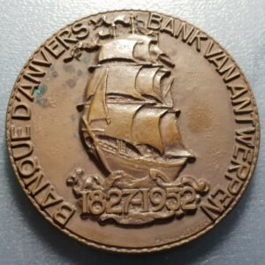 BELGICA MEDALLA MUY GRANDE CON BARCO 1952 BANCO DE AMBERES ANVERS ANTWERPEN 80mm