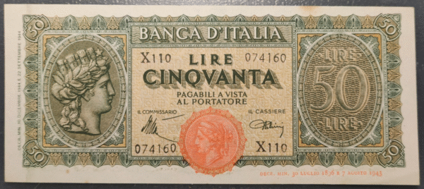 ITALIA 50 LIRE 10/12/1944 EBC+ LIGERA DOBLEZ