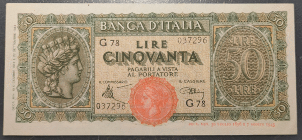 ITALIA 50 LIRE 10/12/1944 EBC DOBLEZ CENTRAL