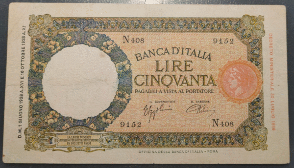 ITALIA 50 LIRE 01/06/1938 MBC/MBC+