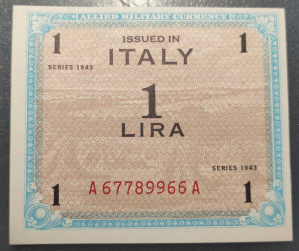 ITALIA OCUPACION MILITAR ALIADA WWII 1 AM LIRA 1943 A SC UNC