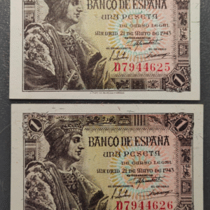 ESPAÑA 1 PESETA 1943 FERNANDO EL CATOLICO PAREJA CORRELATIVA 2 PIEZAS SC UNC