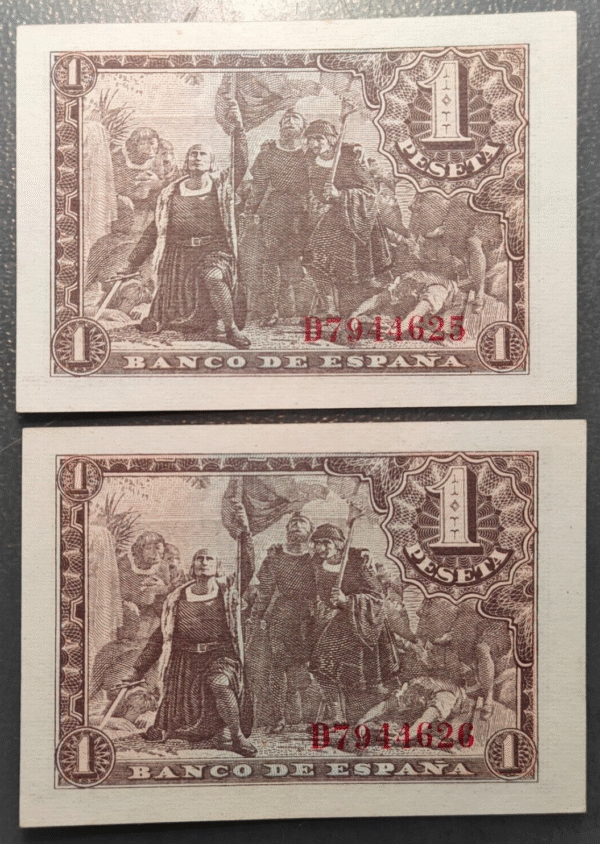 ESPAÑA 1 PESETA 1943 FERNANDO EL CATOLICO PAREJA CORRELATIVA 2 PIEZAS SC UNC - Imagen 2