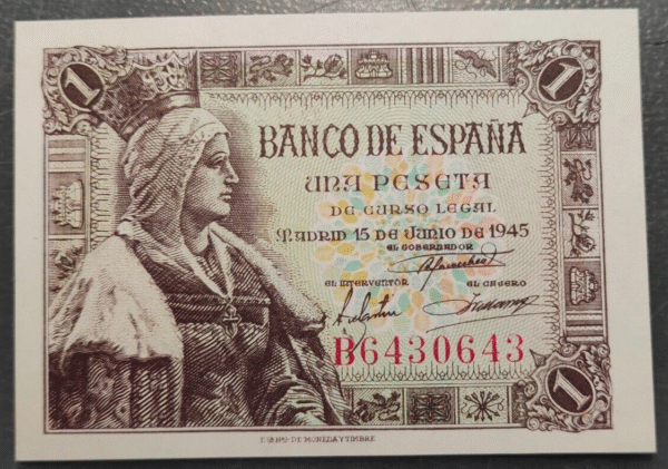 ESPAÑA 1 PESETA 1945 ISABEL LA CATOLICA SC UNC