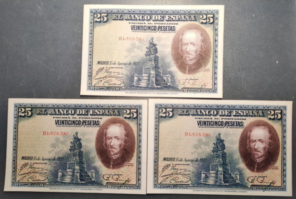 ESPAÑA 25 PESETAS 1928 CALDERON DE LA BARCA CORRELATIVOS 3 PIEZAS SC-