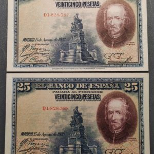 ESPAÑA 25 PESETAS 1928 CALDERON DE LA BARCA PAREJA CORRELATIVA 2 PIEZAS SC-/SC