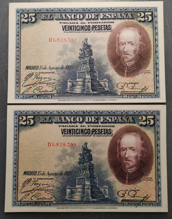 ESPAÑA 25 PESETAS 1928 CALDERON DE LA BARCA PAREJA CORRELATIVA 2 PIEZAS SC-/SC