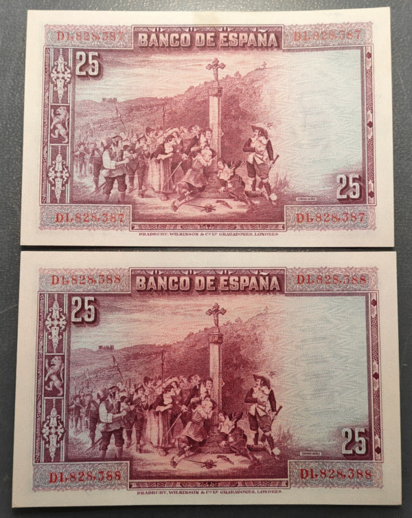 ESPAÑA 25 PESETAS 1928 CALDERON DE LA BARCA PAREJA CORRELATIVA 2 PIEZAS SC-/SC - Imagen 2