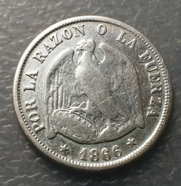 CHILE SANTIAGO 20 CENTAVOS 1866 BC SOLDADURA EN EL ESCUDO