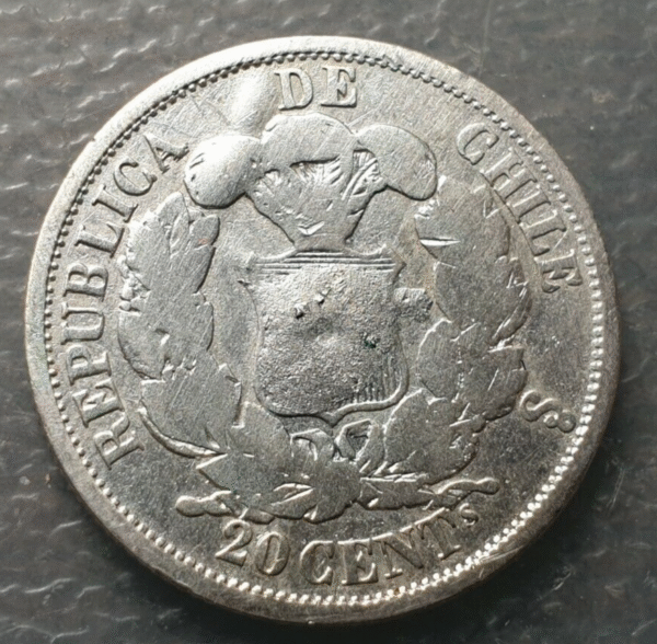 CHILE SANTIAGO 20 CENTAVOS 1866 BC SOLDADURA EN EL ESCUDO - Imagen 2