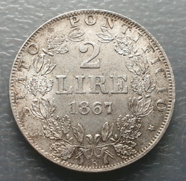 ESTADOS PAPALES PONTIFICIO VATICANO PIO IX 2 LIRAS 2 LIRE 1867 SIN CIRCULAR UNC - Imagen 2