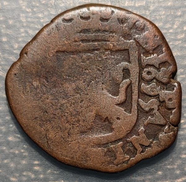 ESPAÑA SPAIN LA CORUÑA CARLOS II 2 MARAVEDIS 1695 APROVECHANDO CAÑO ANTIGUO