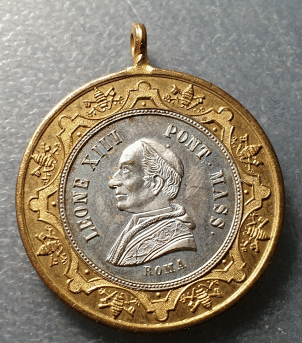 MEDALLA RELIGIOSA BIMETALICA 1887 ROMA PAPA LEON XIII 50 AÑOS SACERDOCIO 39 mm