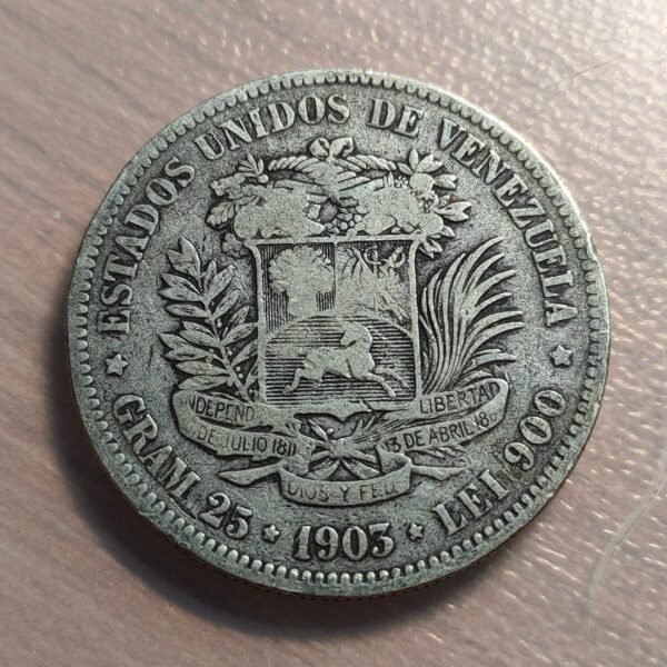 VENEZUELA 5 BOLIVARES 1903 MBC- - Imagen 2
