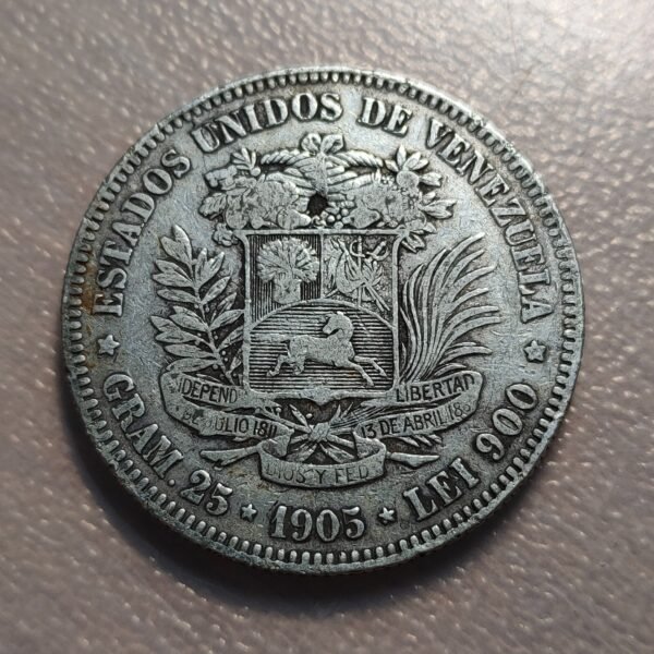 VENEZUELA 5 BOLIVARES 1905 MBC- - Imagen 2
