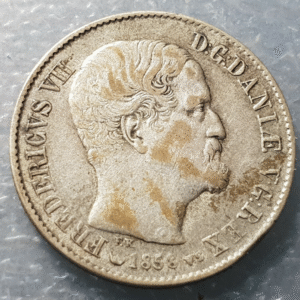 DINAMARCA FREDERICK VII 16 SKILLING 1858 RM CANTO ESTRIADO REEDED EDGE KM765 MBC