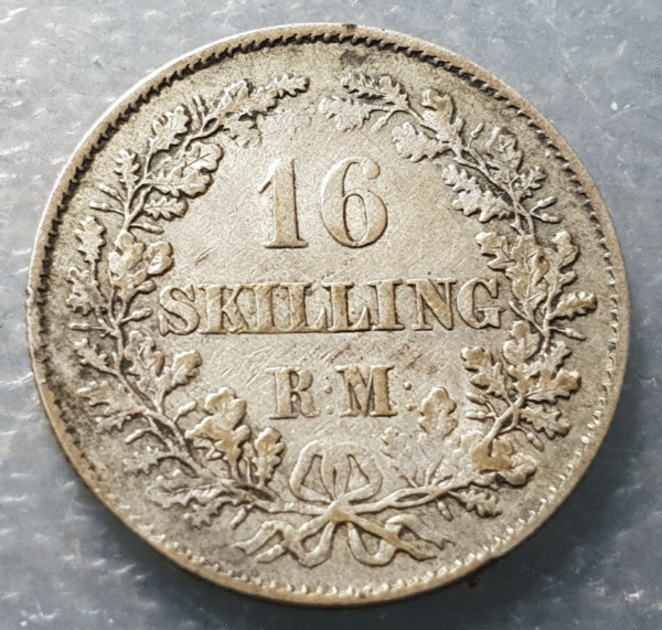 DINAMARCA FREDERICK VII 16 SKILLING 1858 RM CANTO ESTRIADO REEDED EDGE KM765 MBC - Imagen 2