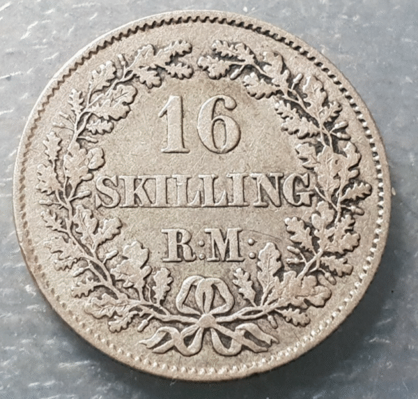 DINAMARCA FREDERICK VII 16 SKILLING 1856 RM CANTO ESTRIADO REEDED EDGE MBC-