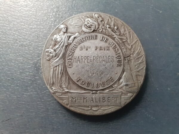 FRANCIA TOULOUSE CONSERVATORIO MUSICA ARPA MEDALLA BROZE 1919 PLATEADO 50 mm