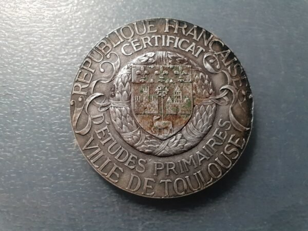 FRANCIA VILLA DE  TOULOUSE ESTUDIOS PRIMARIOS MEDALLA BROZE PLATEADO 50 mm - Imagen 2