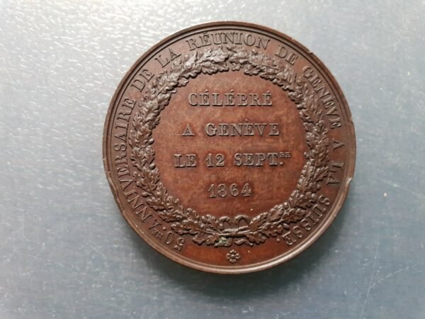 SUIZA SWITZERLAND GINEBRA GENEVE GENEVA REUNION SUIZA MEDALLA BRONZE 1864 47 mm - Imagen 2