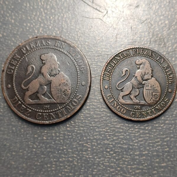 ESPAÑA LOTE 2 MONEDAS GOBIERNO PROVISIONAL 10 CENTIMOS 5 CENTIMOS 1870