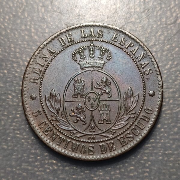 ESPAÑA SEVILLA ISABEL II 5 CENTIMOS DE ESCUDO 1868 MBC+/EBC - Imagen 2
