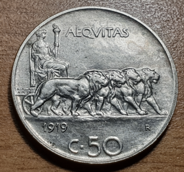ITALIA REINO VITTORIO EMANUELE III 50 CENTESIMI 1919 CANTOLISO EBC+ FECHA ESCASA