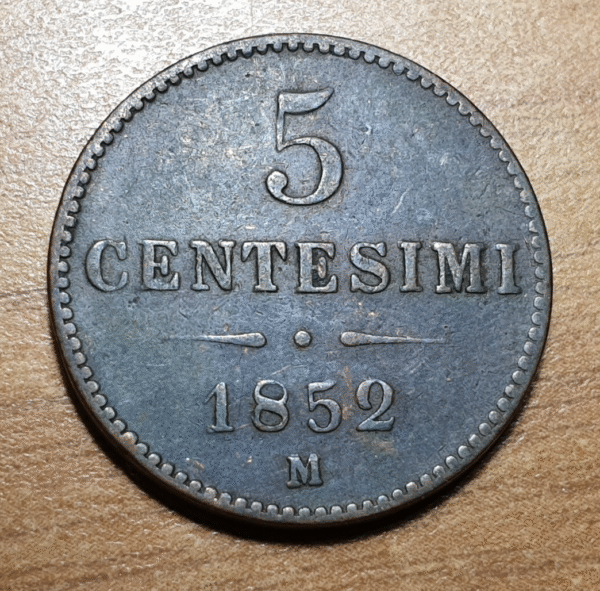 ITALIA MILAN LOMBARDO VENETO 5 CENTESIMI 1852 M BC+ - Imagen 2