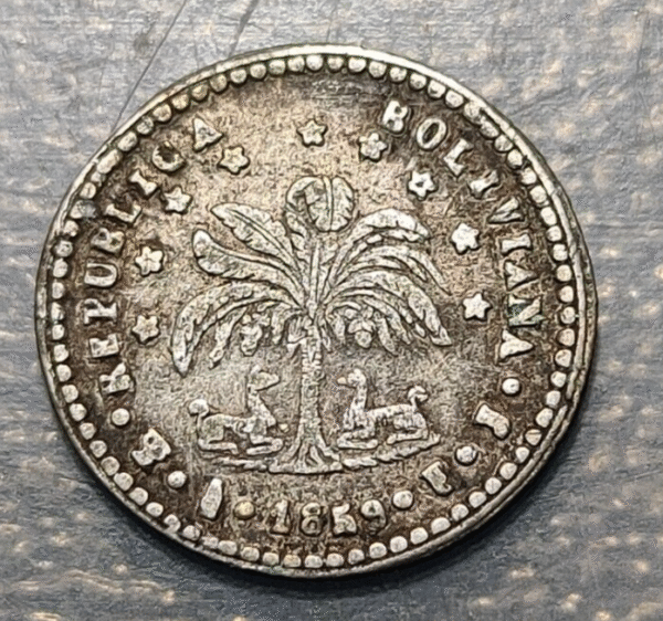 BOLIVIA POTOSI 1/2 SOL 1859 FJ KM 118 "BOLIVRA" SCARCE - Imagen 2