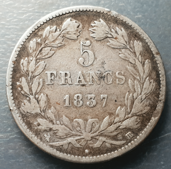 FRANCIA FRANCE LUIS FELIPE I 5 FRANCOS 5 FRANCS 1937 BB STRASBOURG MBC- ESCASA - Imagen 2