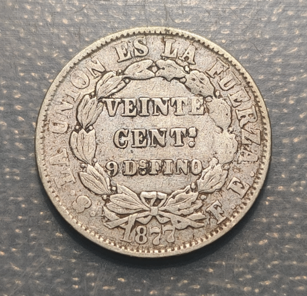 BOLIVIA 20 CENTAVOS 1877 FE KM 159.1 BC+/MBC- - Imagen 2
