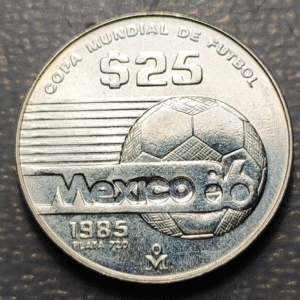 MEXICO 25 PESOS 1985 MUNDIAL FUTBOL 1986 FOOTBALL WORLD CUP SC UNC