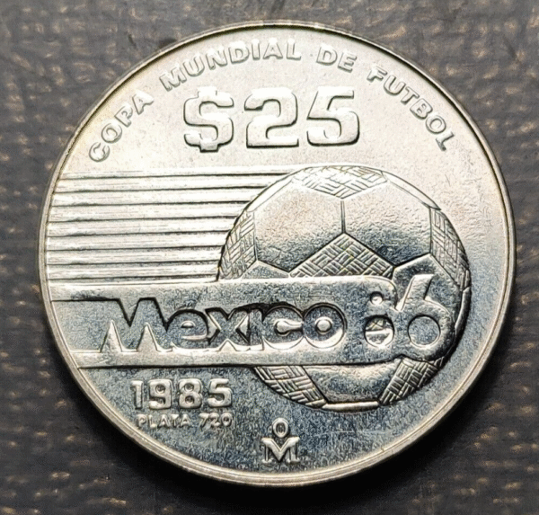 MEXICO 25 PESOS 1985 MUNDIAL FUTBOL 1986 FOOTBALL WORLD CUP SC UNC