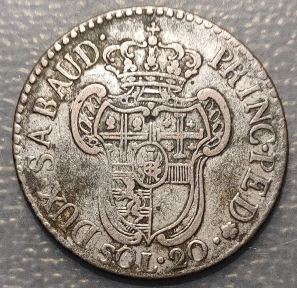 ITALIA REINO DE CERDEÑA SARDEGNA SAVOIA VITTORIO AMEDEO III 20 SOLDI 1795 MBC- - Imagen 2
