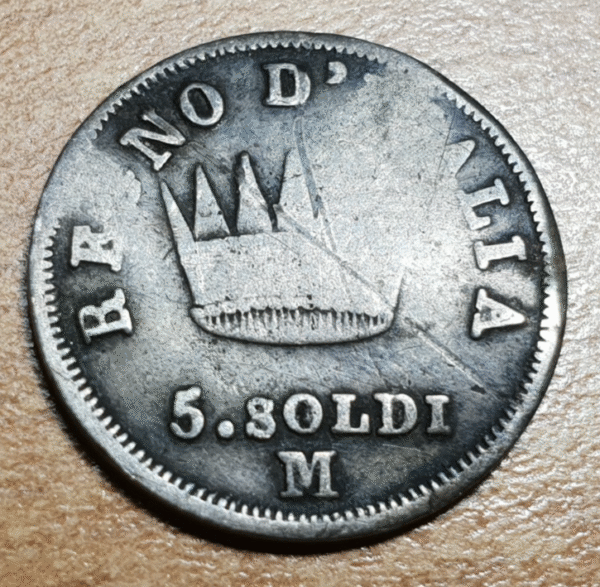 ITALIA REINO DE NAPOLEON 5 SOLDI 1813 M BC/BC+ DOBLEZ - Imagen 2
