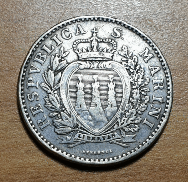 SAN MARINO 1 LIRA 1898 o 1906 TRANSFORMADA EN MEDALLA RECUERDO PLATA - Imagen 2