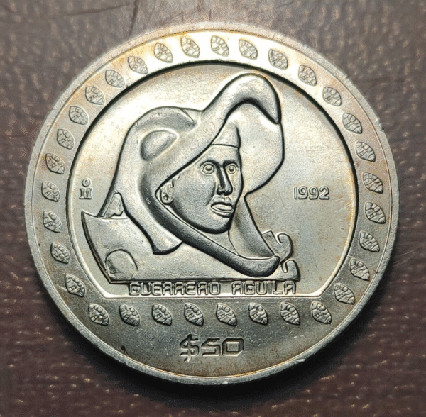MEXICO 50 PESOS 1992 GUERRERO AGUILA 1/2 ONZA PLATA 1/2 OZ TROY - Imagen 2