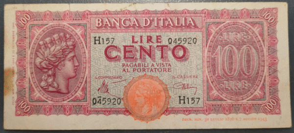 ITALIA 100 LIRE 10/12/1944 BC+