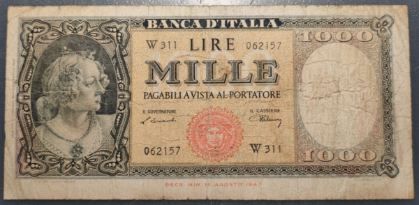 ITALIA 1000 LIRE 14/08/1947 W SOSTITUTIVA REPOSICION ESCASA