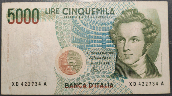 ITALIA 5000 LIRE 04/01/1985 SERIE X SOSTITUTIVA REPOSICION BC+ ESCRITO BORRADO
