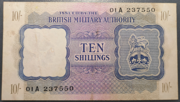 BRITISH MILITARY AUTORITY 10 SHILLINGS 1943 PM5 MBC+