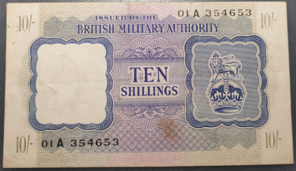 BRITISH MILITARY AUTORITY 10 SHILLINGS 1943 PM5 EBC