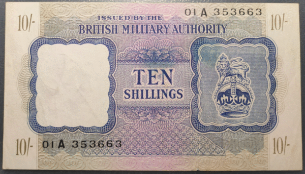 BRITISH MILITARY AUTORITY 10 SHILLINGS 1943 PM5 EBC/EBC+
