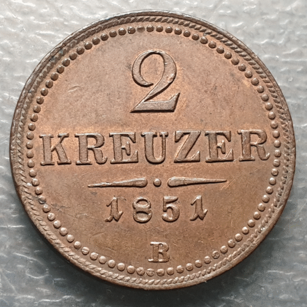 AUSTRIA HUNGRIA FRANZ JOSEPH I 2 KREUZER 1851 B KREMNITZ SC-/SC BRILLO ORIGINAL - Imagen 2